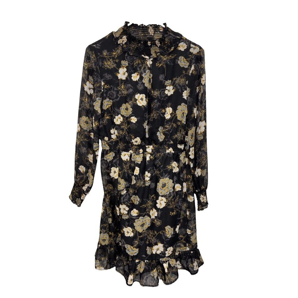Piper Long Sleeve Dress Swiss Dot Floral 10 Black Sheer Lined Pullover Elastic
